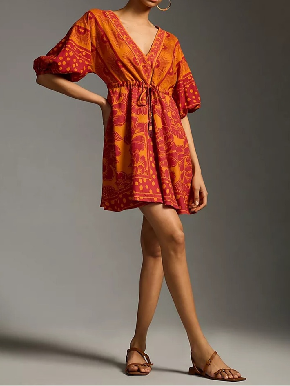 Farm Rio x Anthropologie Printed V-Neck Tunic Mini Dress XS Linen-Blend